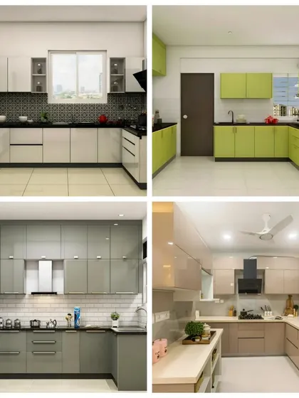This image presents four U-shaped kitchen designs, from glossy white and black to cheerful lime green, illustrating how we adapt this layout to different aesthetic preferences.
