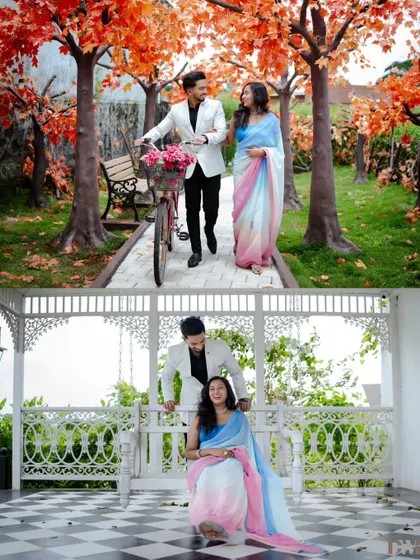 A collage showing a romantic stroll through an autumn-themed pathway and a quiet moment on a garden swing. These studio sets allow us to create any season or mood you desire.