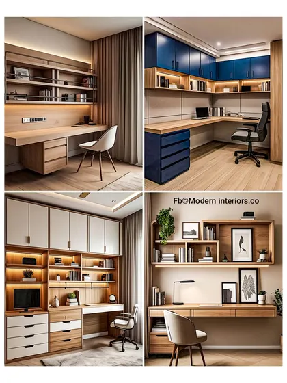 Amazing study unit ideas that maximize storage. These designs feature a mix of overhead cabinets, drawers, and open shelving to ensure your workspace is always organized and clutter-free.