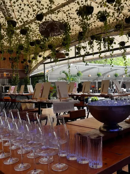 The stunning setup for an engagement party we hosted at JW Marriott. We transformed the space into an elegant art studio where guests could celebrate the happy couple by creating their own art.