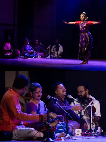 A collage showing Meera Krishna in performance and her wonderful orchestra. The synergy between dancer and musicians is what creates a truly magical experience.