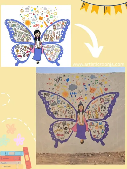 The digital design and final painted version of a butterfly girl mural, showcasing the process from concept to execution.
