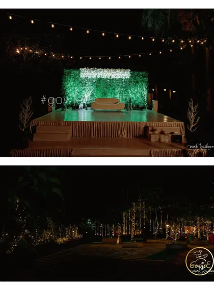 A collage showing a green foliage stage backdrop and the ambient string lighting at an outdoor venue.