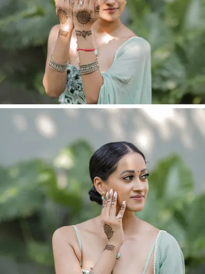 A collage of the bride's portraits from her Mehndi in Thailand.