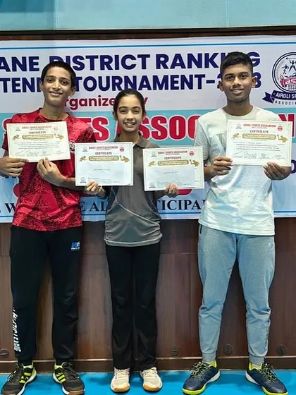 A group of our medal winners, Johan Cheriparambil, Hrithika Madhur, and Yashwin Reddy, at the 5th District Ranking tournament.