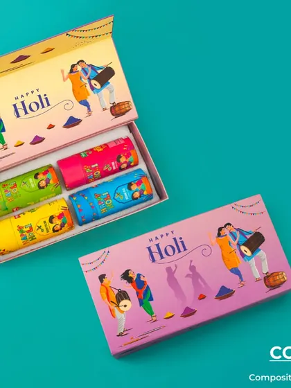 A simple and colorful Holi gift. This box contains four units of composite gulal in vibrant packaging, perfect for spreading joy.