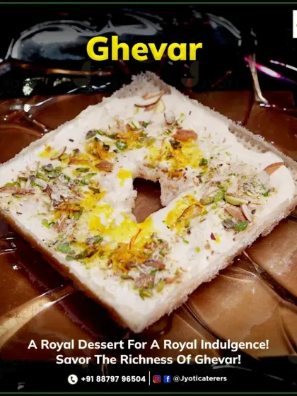 A royal dessert for a royal indulgence. This Ghevar is a traditional Rajasthani sweet, topped with creamy rabdi and nuts.