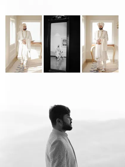 A collage of artistic portraits of the groom, featuring both indoor shots and a dramatic black-and-white profile against the sky.