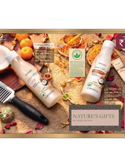 A festive-themed catalogue spread for Oriflame's Love Nature coconut hair and body products. This image highlights my skill in creating complex, prop-heavy compositions for seasonal marketing campaigns.
