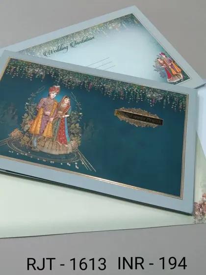 This invitation showcases a royal couple in a romantic pose against a deep teal, starry night background. The design is elegant and perfect for an evening reception announcement.