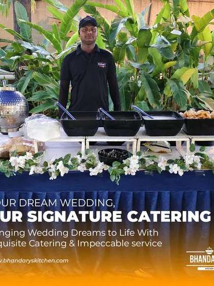 Your dream wedding deserves my signature catering. This image captures a beautiful outdoor setup with one of my staff members ready to serve, embodying my promise of bringing dreams to life with exquisite food and impeccable service.