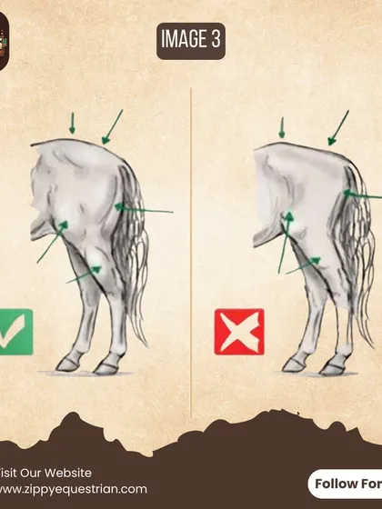 An illustration showing the difference in muscling on a horse's hindquarters based on training. We focus on building balanced strength.