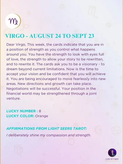 This week's tarot forecast for Virgo. The cards indicate that you are in a position of strength, with the power to control what happens around you and rewrite your story.