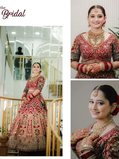 A collage of the bride's portraits, showing her on a spiral staircase and in close-up. It captures her elegance and the modern architecture of the venue.