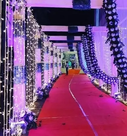 A dramatic entrance walkway for an evening reception. The path is lined with walls of fairy lights, creating a sparkling tunnel effect that wows guests.