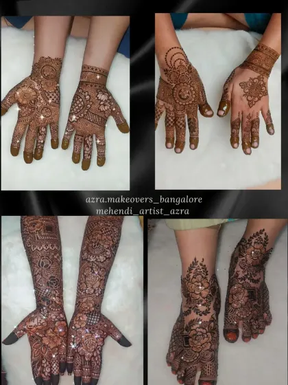 A collage of my work, showing bridal feet, full arm designs, and party mehendi. Bookings are open.