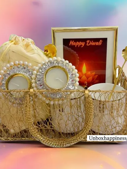 Another angle of the 'Golden Glow' basket, showing how the pearl diyas can be placed outside the basket for a beautiful display.