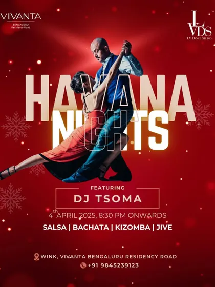 The event poster for a Havana Nights party with DJ Tsoma, showcasing the variety of music you can expect: Salsa, Bachata, Kizomba, and Jive.