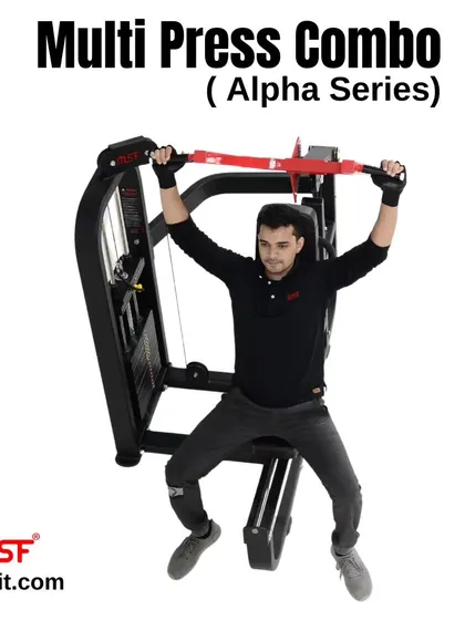 A user demonstrates the shoulder press with a neutral grip on the Alpha Series machine.