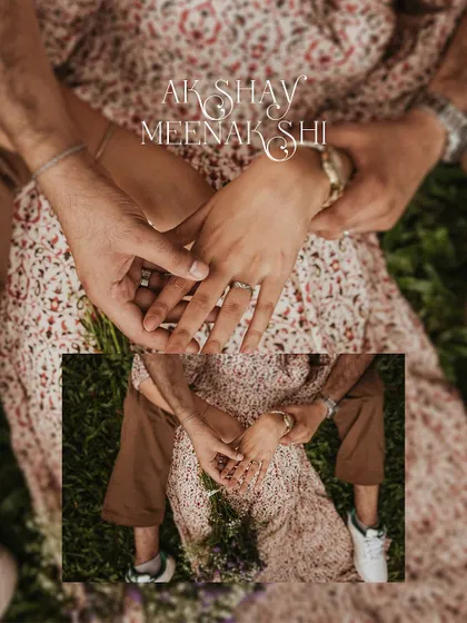 A creative collage focusing on the couple's intertwined hands and engagement rings.