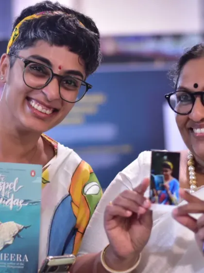 Holding a copy of K.R. Meera's 'The Gospel of Yudas'. Being part of literary circles and celebrating great authors is a huge passion of mine.