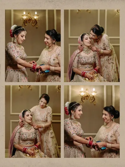 A heartwarming collage of the bride sharing special moments with her mother while getting ready for her wedding.