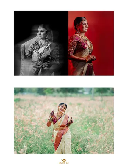 A creative collage of the bride, blending a black and white motion shot with a vibrant color portrait.