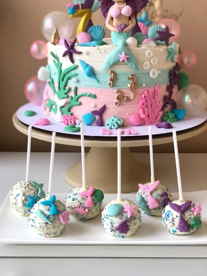 A view of the mermaid cake with matching cake pops, perfect for a complete under-the-sea dessert experience.