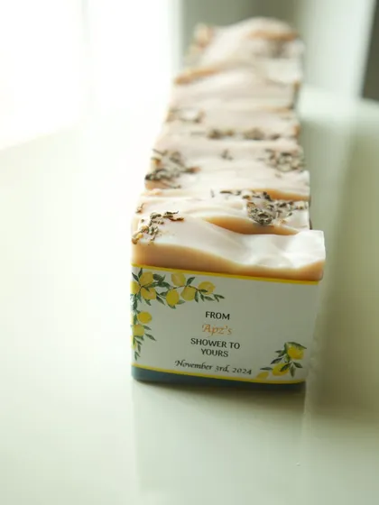 A single lavender and patchouli soap with its custom Amalfi-themed wrap.