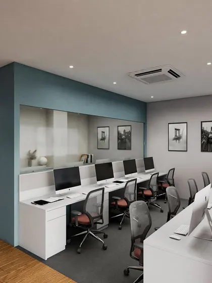 A 3D render of the shared workstation area for the Pune project. This visualization helped our client see how the clean lines, ergonomic chairs, and subtle color accents would come together to form a productive and aesthetically pleasing workspace.