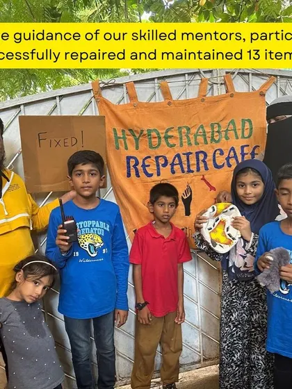 Fixed! A group of young participants at our Hyderabad Repair Cafe show off their successfully repaired items, including a walkie-talkie and a football.