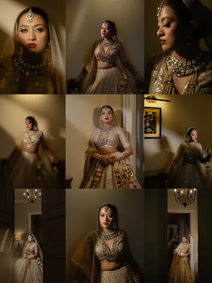A collage of artistic bridal portraits, using dramatic lighting and shadows to create a moody, high-fashion look.