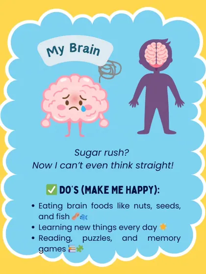 My Brain says: "Sugar rush? Now I can't even think straight!" This visual explains how brain foods like nuts and seeds, along with activities like reading and puzzles, are essential for cognitive function.