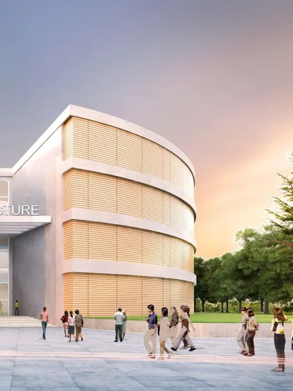 The curved facade of the MIMS teaching block adds a dynamic element to the campus. The design includes two central courtyards with shaded seating, creating open spaces for pause and interaction between students and faculty.