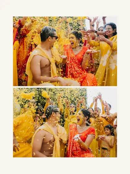 A collage of a couple's Haldi ceremony, capturing the explosive joy of being showered with marigold petals by their loved ones.
