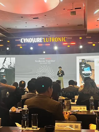 A view from the audience at the Cynosure Lutronic APAC Summit. Presenting my clinical data and experiences to a large group of international peers helps foster a global dialogue on the best practices in laser dermatology.