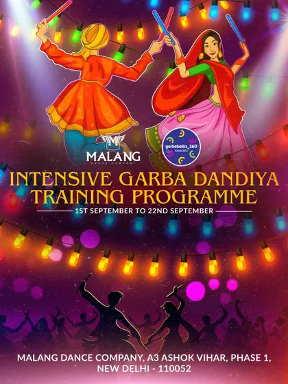 This vibrant poster announces our intensive Garba and Dandiya training program, a high-energy bootcamp designed to get you festival-ready. We collaborate with experts to teach authentic footwork, spins, and dandiya techniques.