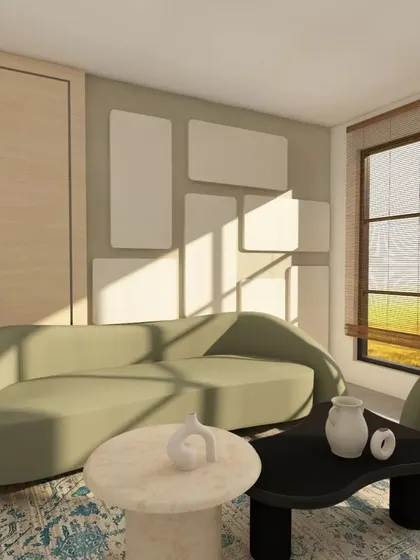 A contemporary living room design with a curved olive-green sofa and abstract wall paneling. The natural light highlights the interesting shapes and textures, creating a calm yet visually engaging space.