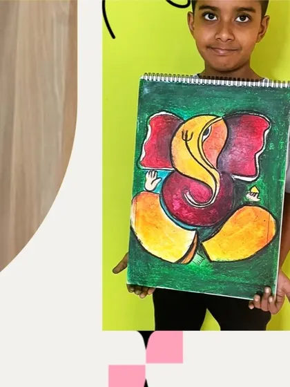 This vibrant Ganesha painting was made with oil pastels. Students learn how to blend the rich colors to create smooth gradients and bold designs.