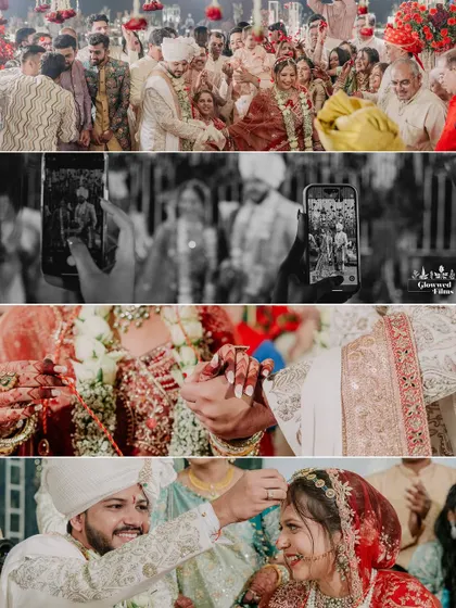 A collage of candid ceremony moments, including guests capturing the day on their phones and the couple sharing a smile during the rituals.