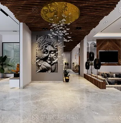 A wide shot of the Alameda project, showcasing a massive hall with multiple seating areas, a central art installation, and a textured wooden ceiling.