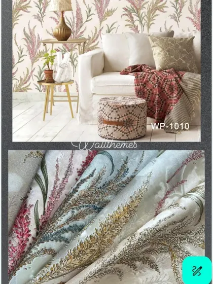 A collage showing feathery botanical wallpapers in a room setting and in various colored rolls.