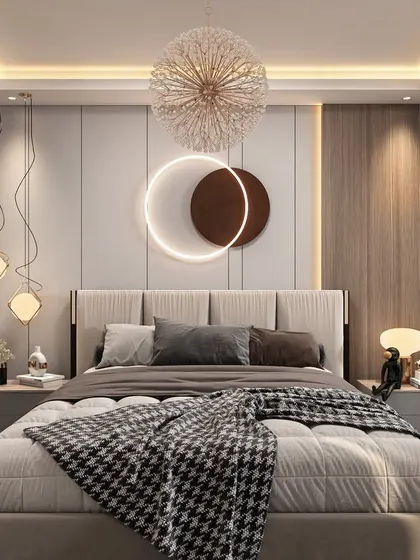 A duplicate image of a modern bedroom with unique circular wall lights and an abstract chandelier. This design emphasizes personalization and creating a space that reflects the homeowner's individual taste.