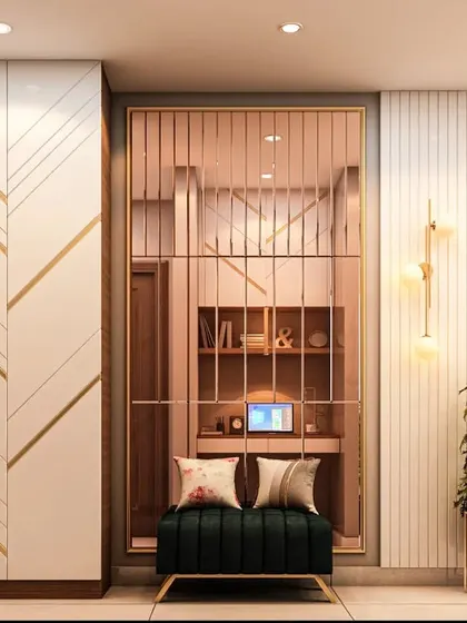 This entryway design uses a mirrored partition to create a sense of separation while keeping the space bright. The unit includes a comfortable seating bench and a sleek, modern wardrobe for storage.