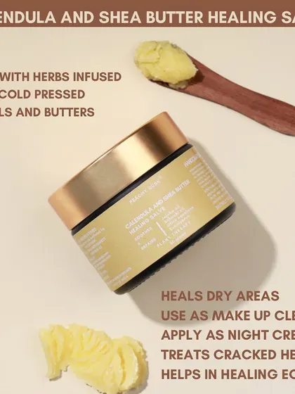 This is my all-in-one Calendula and Shea Butter Healing Salve. Made with herb-infused oils, it can be used to heal dry areas, as a makeup cleanser, a night cream, or to treat cracked heels.