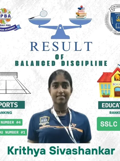 Here is Krithya Sivashankar, our trainee who is #1 in Tamil Nadu and #4 in India. She balanced her rigorous national-level training schedule to score an impressive 87% in her SSLC exams.