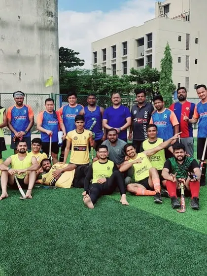 Our young veterans team after a practice session, preparing for the upcoming 8-a-side hockey event in Bandra. They are ready to bring their experience and skill to the tournament.
