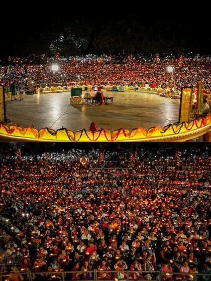A collage showing the scale of our Janmashtami celebration. Thousands gather to witness the pujas, satsang, and the beautiful sight of countless lamps being lit in unison.