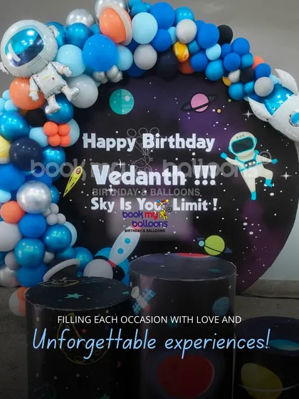 Vedanth's birthday message was "Sky is your Limit," and our space theme reflected that perfectly. The setup featured a large planet backdrop with an astronaut balloon arch, creating a universe of fun for his celebration.