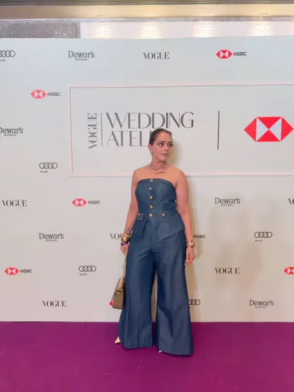 Another angle of my Vogue event look. The structured, strapless top and wide-leg pants create a powerful and modern silhouette.
